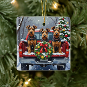 Airedale Terrier Christmas Red Truck Holiday Ceramic Ornament