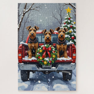 Airedale Terrier Christmas Red Truck Holiday Jigsaw Puzzle