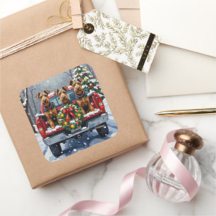 Airedale Terrier Christmas Red Truck Holiday Square Sticker