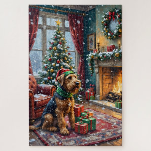 Airedale Terrier Christmas Victorian Living Room Jigsaw Puzzle