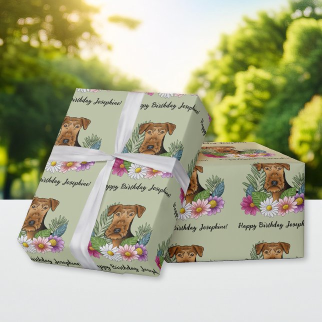Airedale Terrier Colourful Flowers Birthday Green Wrapping Paper (Creator Uploaded)