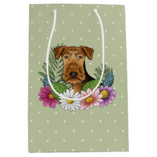 Airedale Terrier Colourful Flowers Green Medium Gift Bag