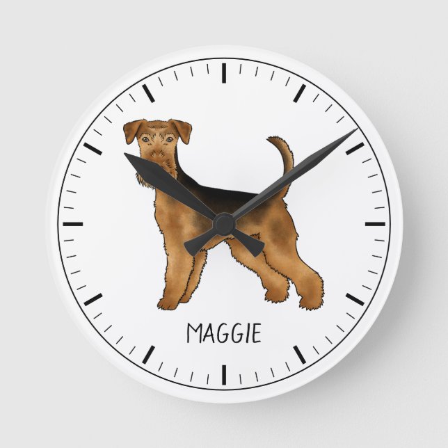 Airedale Terrier Cute Cartoon Dog And Custom Name Round Clock (Front)