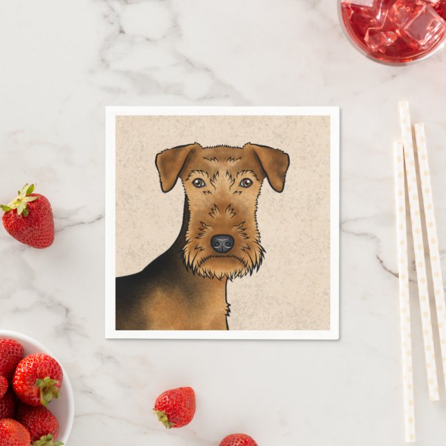 Airedale Terrier Cute Cartoon Dog Head On Beige Napkin (Insitu)