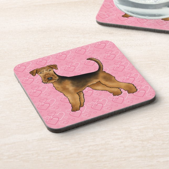 Airedale Terrier Cute Cartoon Dog With Pink Hearts Coaster (Left Side)