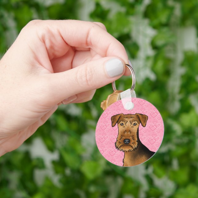 Airedale Terrier Cute Dog Head On Pink Hearts Key Ring (Hand)