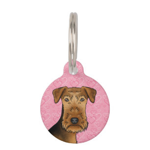 Airedale Terrier Cute Dog Head On Pink Hearts Pet Tag