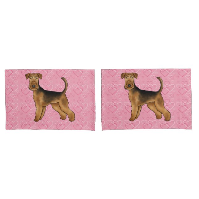 Airedale Terrier Cute Dog Love With Pink Hearts Pillowcase (Front-Set)