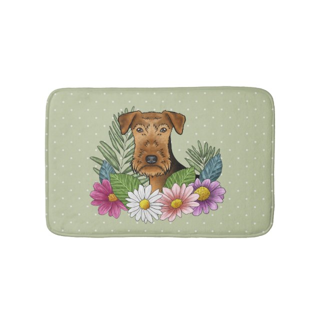 Airedale Terrier Dog And Colourful Flowers Green Bath Mat (Front)
