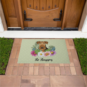 Airedale Terrier Dog And Colourful Flowers Green Doormat