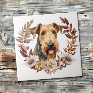 Airedale Terrier Dog Autumn Wreath Tile