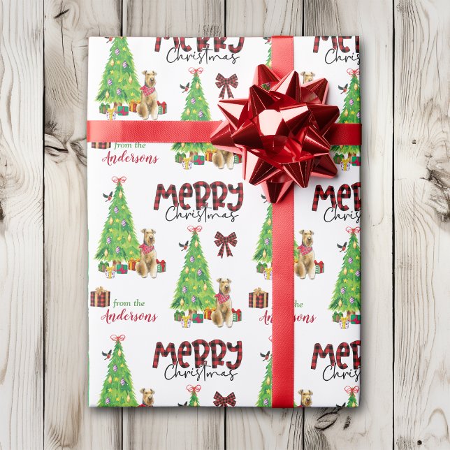 Airedale Terrier Dog, Bird, and Christmas Tree Wrapping Paper (Creator Uploaded)