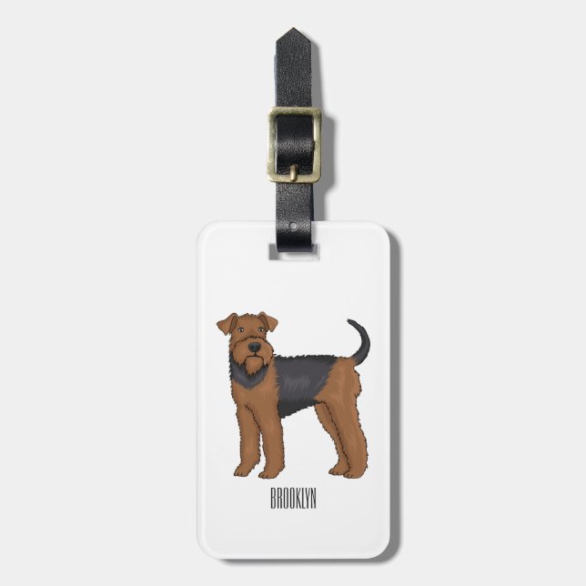 Airedale terrier dog cartoon illustration luggage tag (Front Vertical)