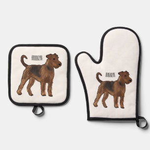 Airedale terrier dog cartoon illustration oven mitt & pot holder set