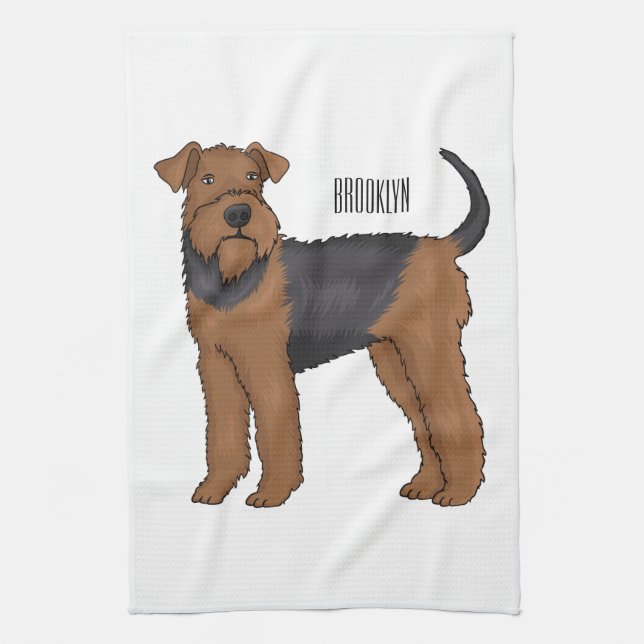 Airedale terrier dog cartoon illustration tea towel (Vertical)