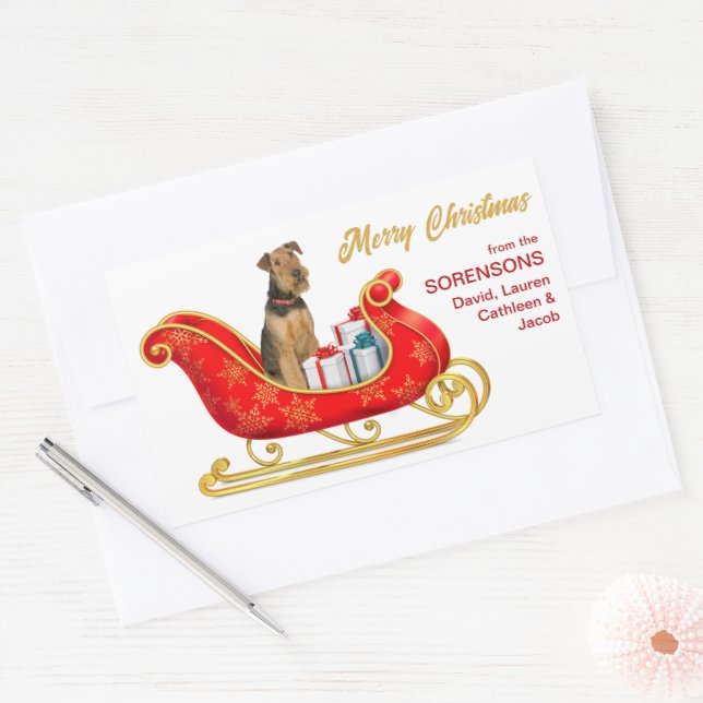 Airedale Terrier Dog Christmas Sleigh Rectangular Sticker (Envelope)