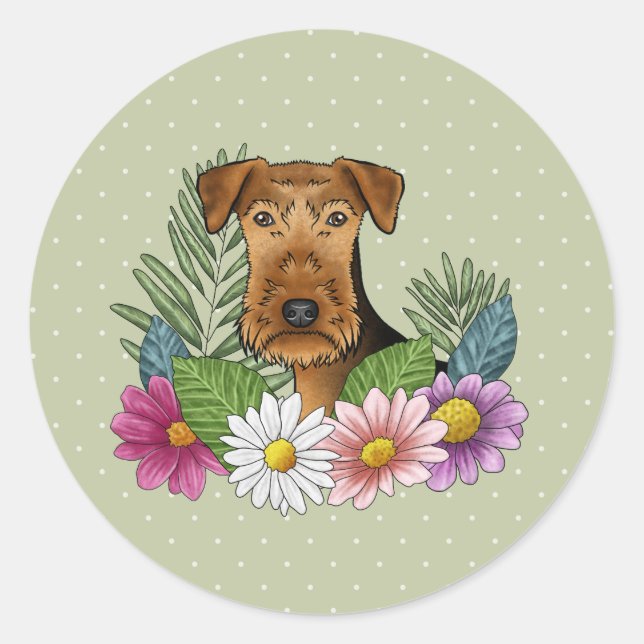 Airedale Terrier Dog Colourful Wildflowers Green Classic Round Sticker (Front)
