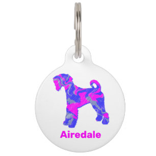 Airedale Terrier Dog Crazy Hot Pink & Blue White Pet Tag