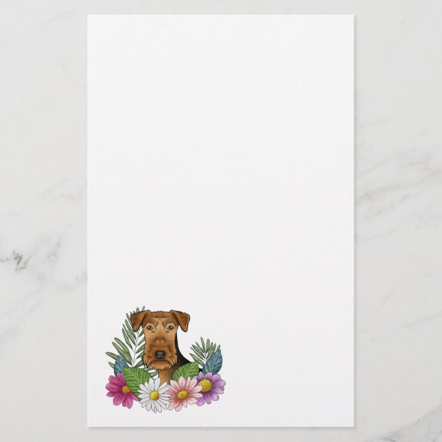 Airedale Terrier Dog Head And Colourful Wildflower Stationery (Front)