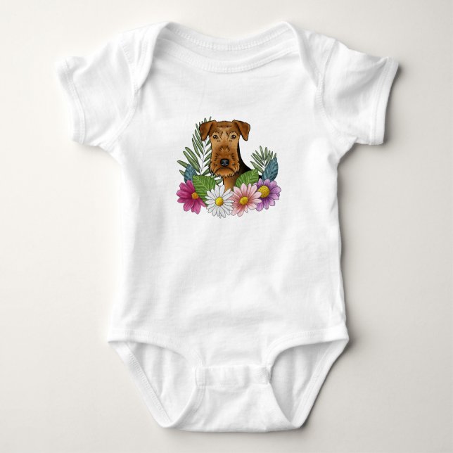 Airedale Terrier Dog Head Colourful Pretty Flowers Baby Bodysuit (Front)