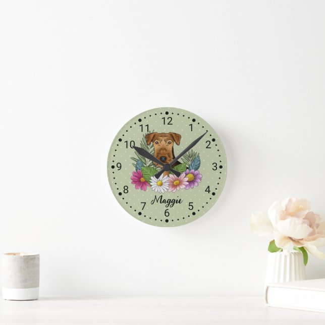 Airedale Terrier Dog Head With Flowers And Name Round Clock (Home)