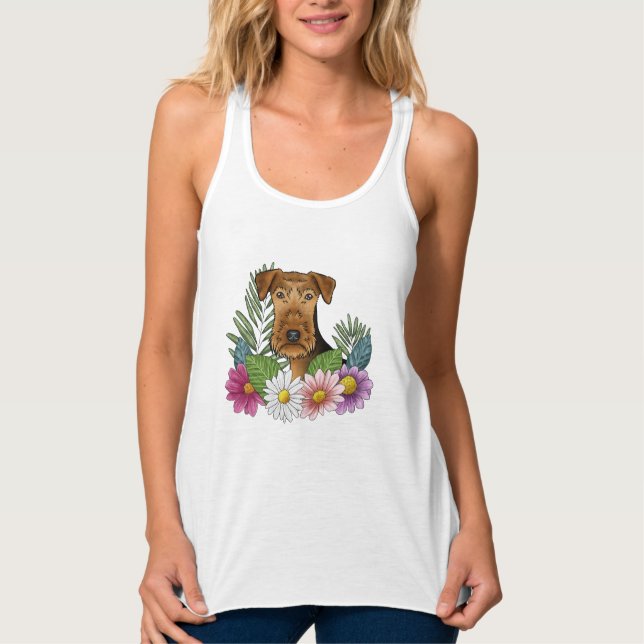 Airedale Terrier Dog Head With Pretty Flowers Singlet (Front)
