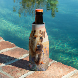 Airedale Terrier Dog in a Wildflower Meadow Bottle Cooler