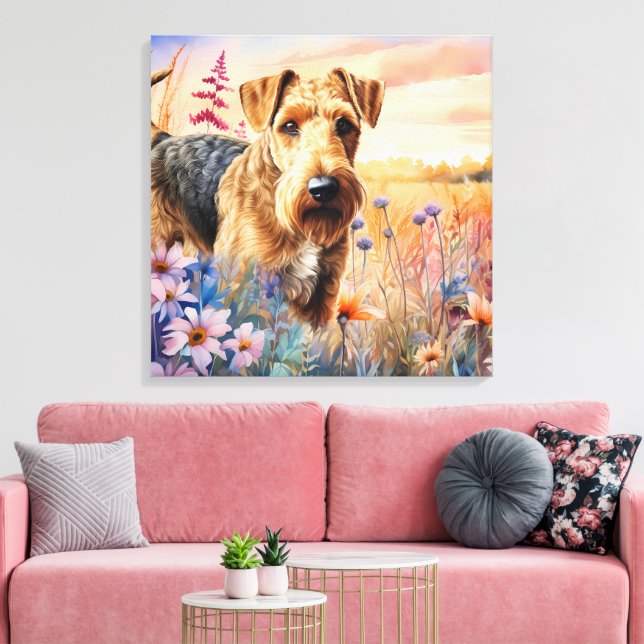 Airedale Terrier Dog in a Wildflower Meadow Canvas Print (Insitu(LivingRoom))