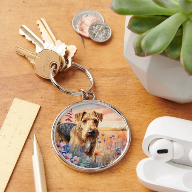 Airedale Terrier Dog in a Wildflower Meadow Key Ring (Desk)