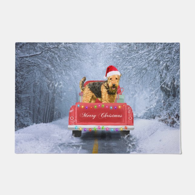 Airedale Terrier Dog in Snow sitting in Christmas  Doormat (Front)
