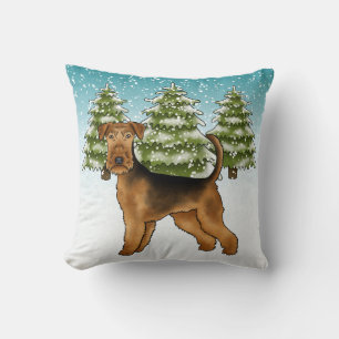Airedale Terrier Dog In Snowy Winter Forest Cute Cushion