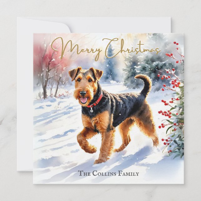 Airedale Terrier Dog In Winter Snow Christmas Holiday Card (Front)
