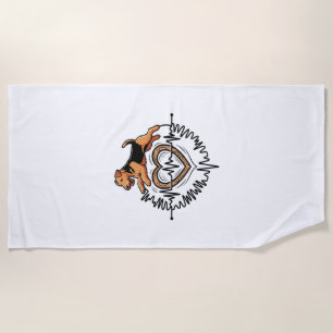 Airedale Terrier Dog Jumping Heart Ekg Line Beach Towel