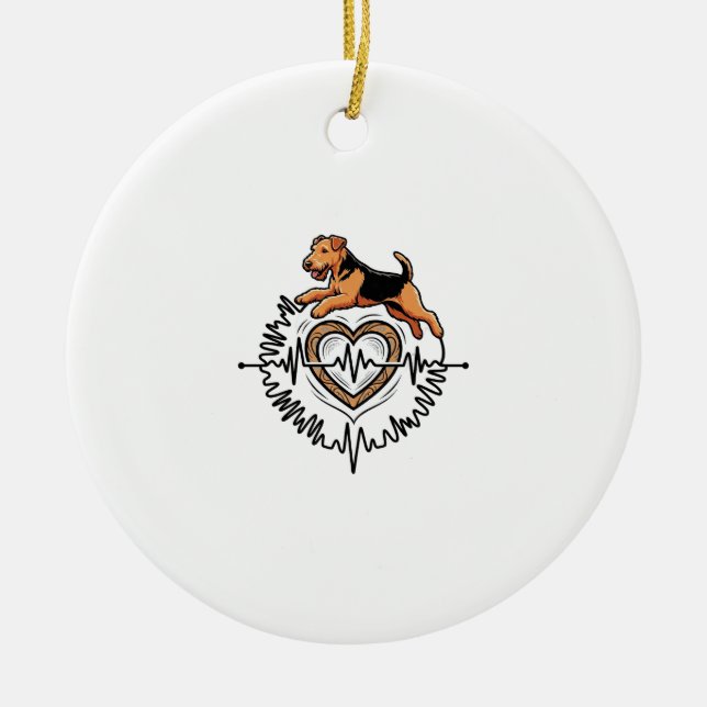 Airedale Terrier Dog Jumping Heart Ekg Line Ceramic Tree Decoration (Front)