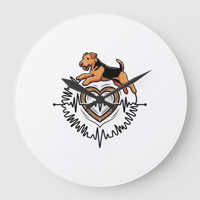 Airedale Terrier Dog Jumping Heart Ekg Line Large Clock (Front)