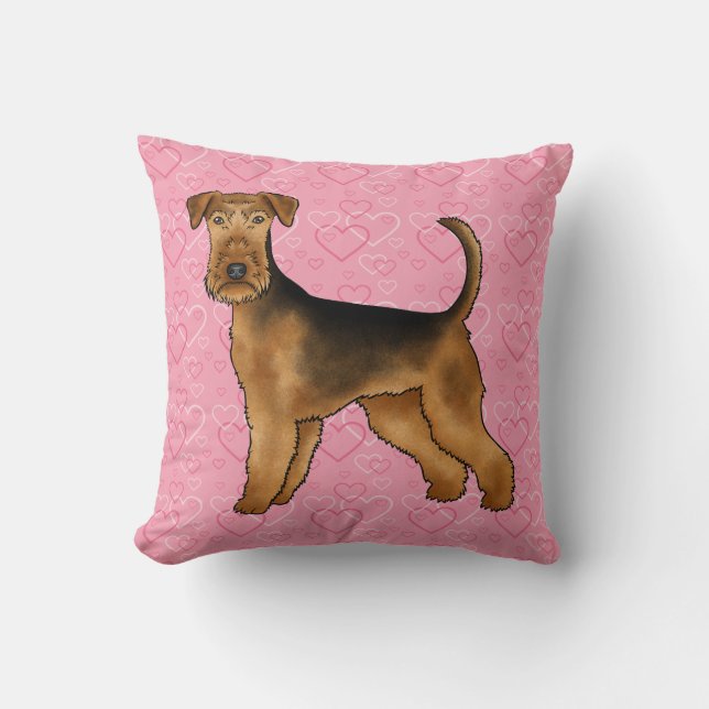 Airedale Terrier Dog Love With Pink Heart Pattern Cushion (Front)
