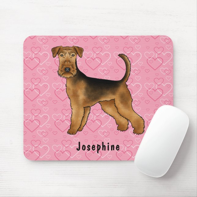 Airedale Terrier Dog Love With Pink Heart Pattern Mouse Pad (With Mouse)