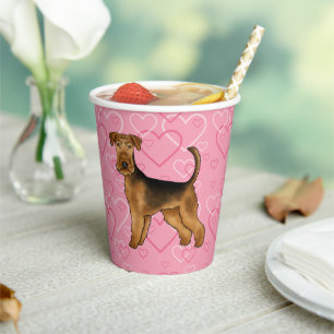 Airedale Terrier Dog Love With Pink Heart Pattern Paper Cups