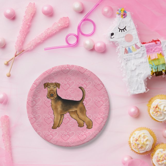 Airedale Terrier Dog Love With Pink Heart Pattern Paper Plate (Party)