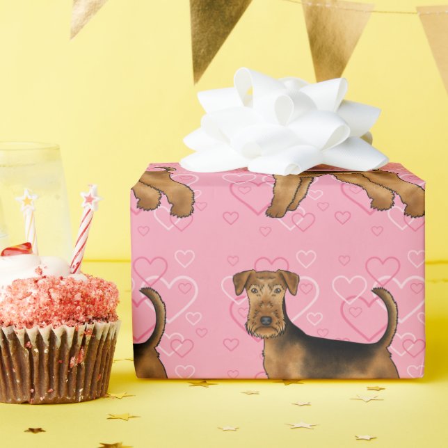 Airedale Terrier Dog Love With Pink Heart Pattern Wrapping Paper (Birthday Party)