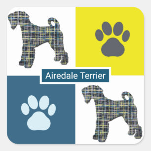 Airedale Terrier Dog & Paw Y&B Grid Square Sticker