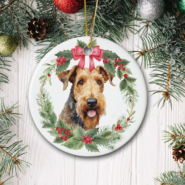 Airedale Terrier Dog Red Bow Holly Wreath Ceramic Tree Decoration (Creator Uploaded)