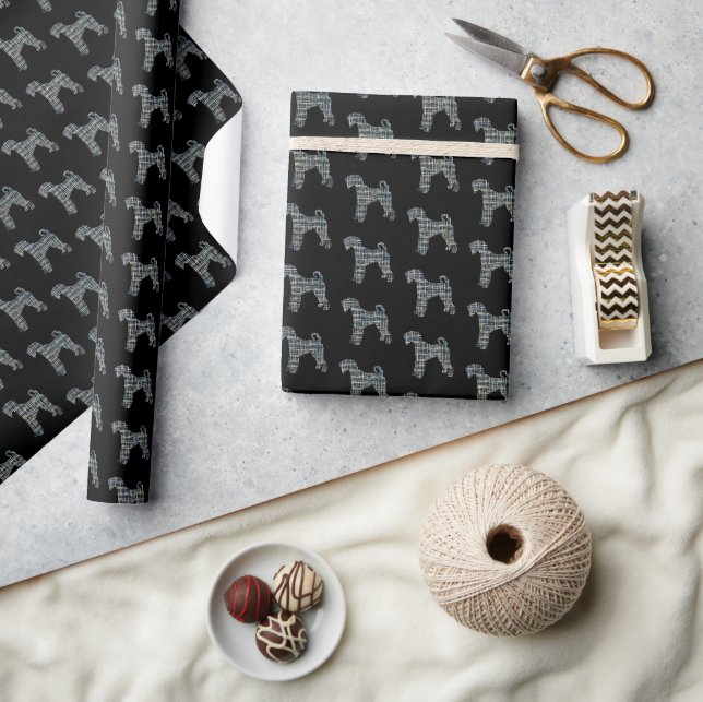 Airedale Terrier Dog Silhouette Grid Black Wrapping Paper (Crafts)