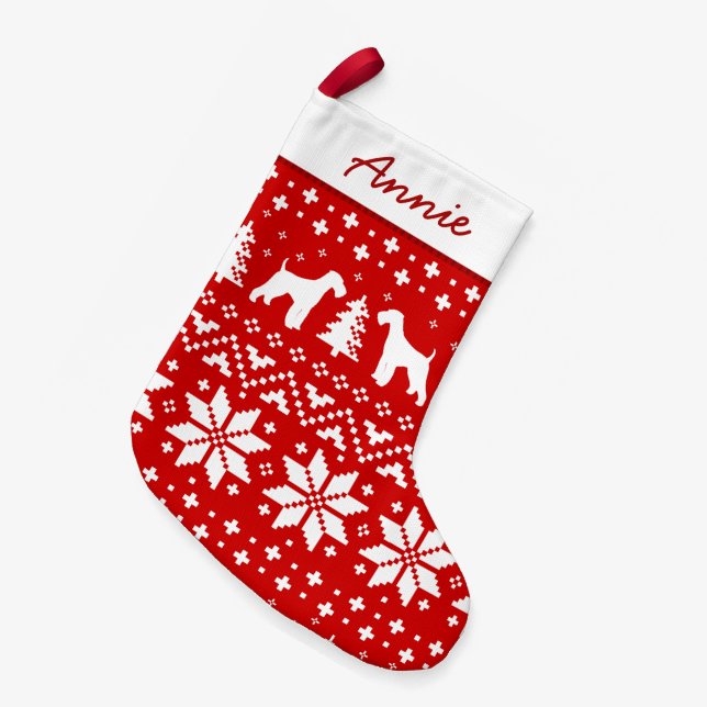 Airedale Terrier Dog Silhouettes Holiday Pattern Small Christmas Stocking (Front (Hanging))