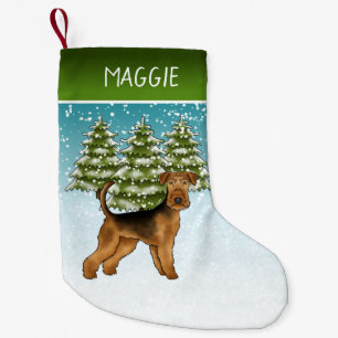 Airedale Terrier Dog Snowy Winter Forest And Name Small Christmas Stocking
