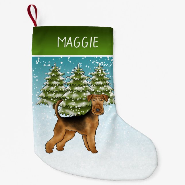 Airedale Terrier Dog Snowy Winter Forest And Name Small Christmas Stocking (Front)