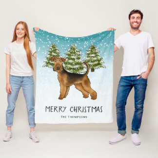 Airedale Terrier Dog Snowy Winter Forest And Text Fleece Blanket