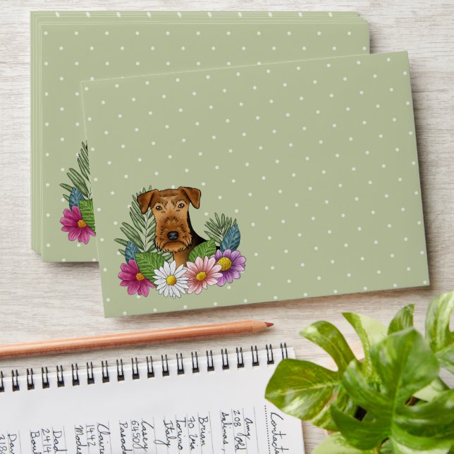 Airedale Terrier Dog With Colourful Flowers Green Envelope (Stacked)