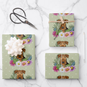 Airedale Terrier Dog With Colourful Flowers Green Wrapping Paper Sheet