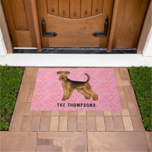 Airedale Terrier Dog With Pink Hearts And Name Doormat